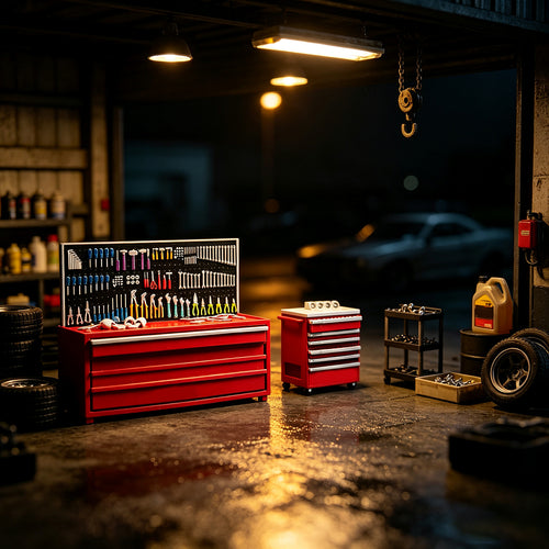 Stirlingkit 1/64 Tuner Garage Miniature Tool Cabinet & Workbench Set – Detailed Workshop Accessory with Mobile Locker