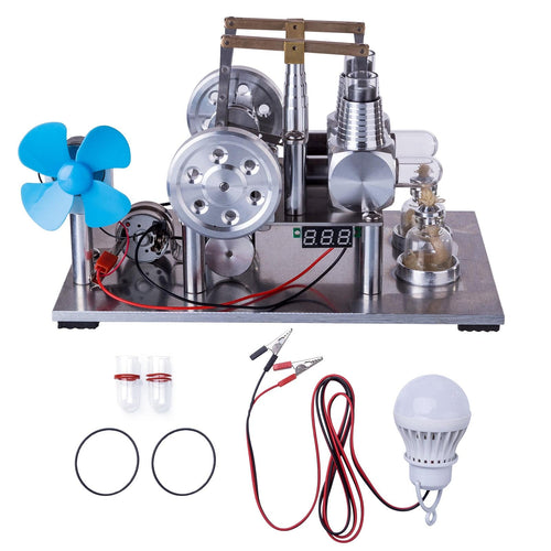 Stirlingkit 2 Cylinders Hot Air Balance Type Generator Stirling Engine Model with Voltage Meter Bulb Fan Physical Experiment Educational Toy