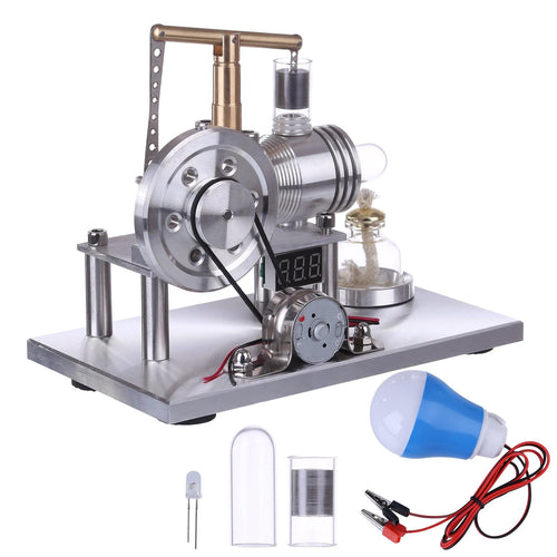 Stirlingkit Custom Balance Type Hot Air Single Cylinder Stirling Engine Generator Model with LED Bulb & Voltage Digital Display Meter