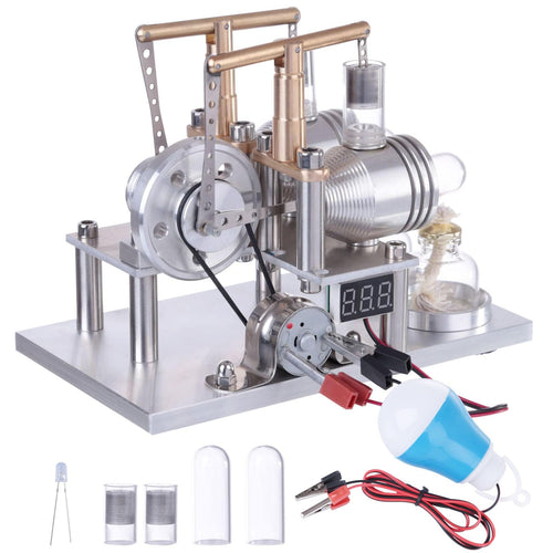 Stirlingkit Custom Stirling Engine 2 Cylinders Hot Air Generator Model with Voltage Meter LED Bulb Science Experiment Educational Toy