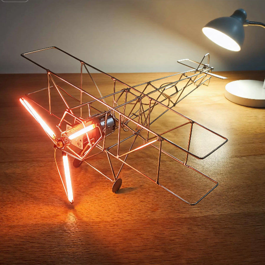 Stirlingkit DIY WWI Biplane Airplane from Copper Wire and Edison LED Circuit Sculpture