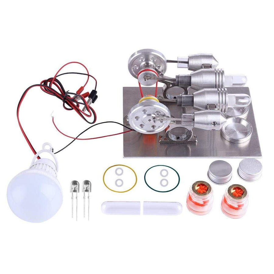 Stirlingkit Double Cylinder Stirling Engine Motor Model Educational Toy Electricity Generator Physics Science Experiment Kits
