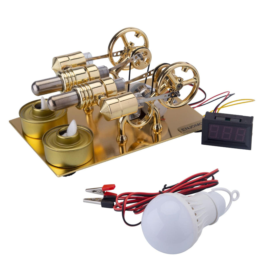 Stirlingkit ENJOMOR 4 Cylinder Hot Air Stirling Engine Generator with Bulb & Voltmeter