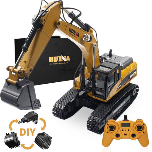 Stirlingkit Huina 1/14 3-in-1 Engineering Construction Vehicle Crusher Timber Grab Truck 2.4G RC Simulation Excavator Toy with Smoke LED Light Effect