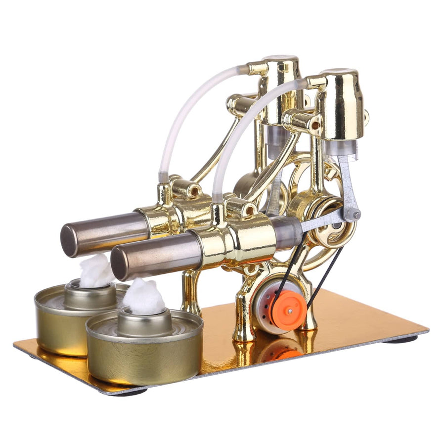 Stirlingkit L-Type Golden Twp Cylinders Stirling Engine Generator Model with LED Diode and Bulb Science Experiment Toy