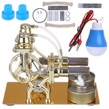 Stirlingkit L-Type Golden Twp Cylinders Stirling Engine Generator Model with LED Diode and Bulb Science Experiment Toy, view 2