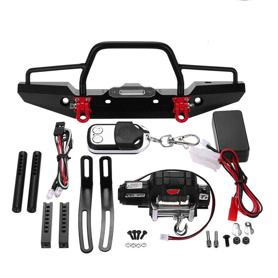 Stirlingkit Metal Front Bumper with 2 LED Lights Remote Control Electric Winch for 1/10 Traxxas TRX-4 SCX10II 90046