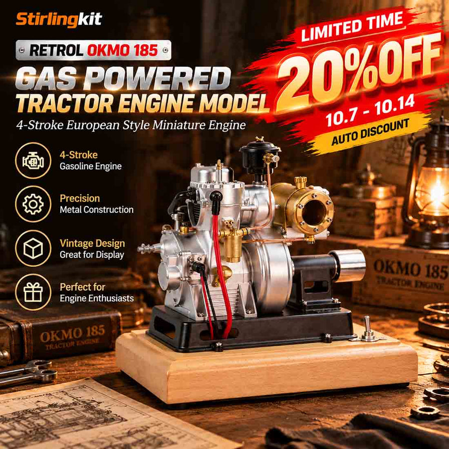 Stirlingkit RETROL × OKMO 185-Type Gas Powered Antique Tractor Engine Model 4-Stroke European-Style Miniature Engine