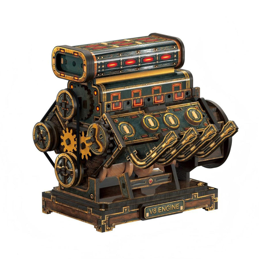 Stirlingkit Steampunk Supercharged V8 Engine Model Kit that Works 1000PCS Retro Wooden Toy