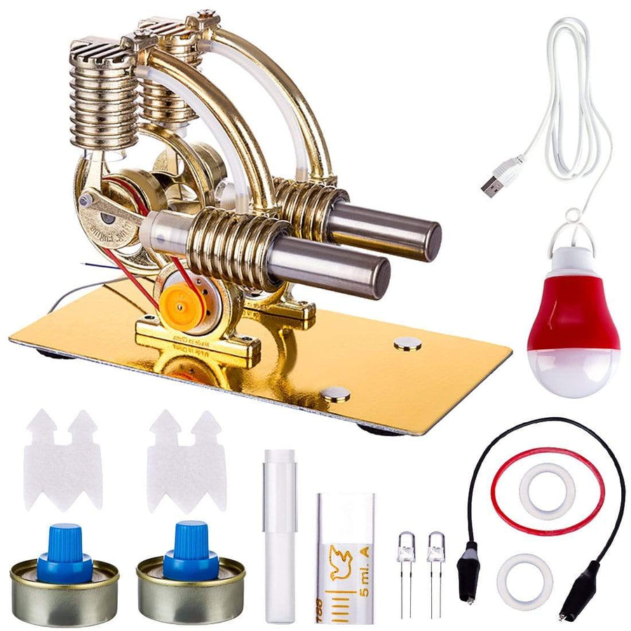 Stirlingkit Stirling Engine Model Kit L-Shape Double Cylinders with All-metal Base and Big Bulb