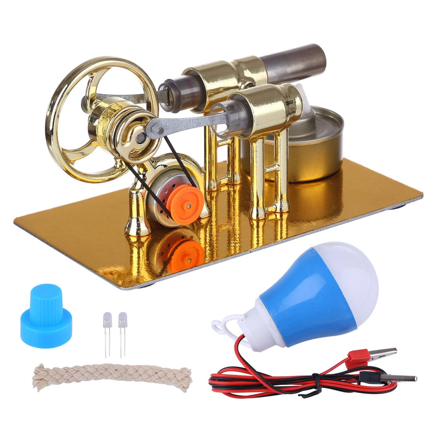 Stirlingkit γ-Type Golden Single Cylinder Sterling Engine Generator Stirling Model with LED Diode and Bulb Science Experiment Educational Toy