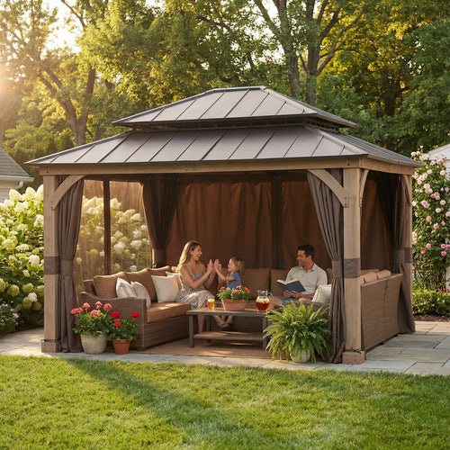 Sunjoy Extra-Large Vent Top Wood Gazebo with 5.5" Thick Posts, Netting & Curtains, 11x13