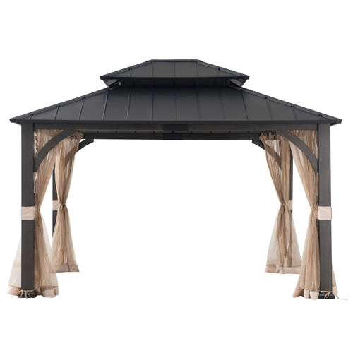 Sunjoy Meridian Woodgrain Tall Metal Gazebo with Netting, 2-Tier Steel Roof 13' ร 15'