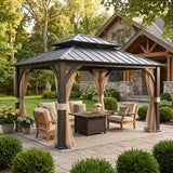 Sunjoy Meridian Woodgrain Tall Metal Gazebo with Netting, 2-Tier Steel Roof 13' × 15', view 2