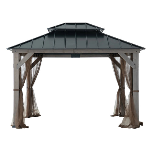 Sunjoy Cedar Wood Gazebo with Galvanized Steel Roof, LED String Lights & Mosquito Netting, 10x12  - Black