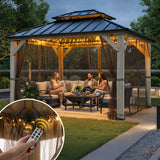 Sunjoy Cedar Wood Gazebo with Galvanized Steel Roof, LED String Lights & Mosquito Netting, 10x12  - Black, view 2