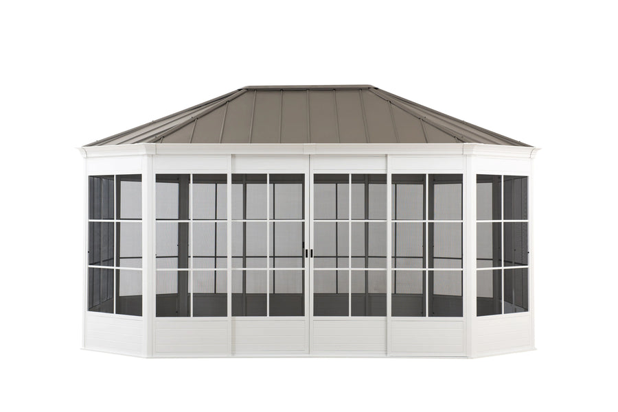 Sunjoy Cape Blue Hardtop Screenhouse, 12x16 - White/Tan