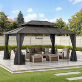 Sunjoy Hard Top Gazebo with Steel Roof and Netting, 12x16 - Brown, view 2