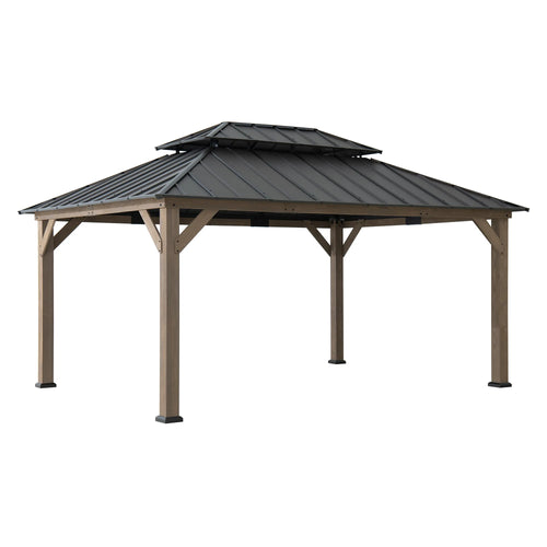 Sunjoy Cedar Frame Gazebo with Steel Roof, Netting and Ceiling Hook, 12x16 - Weathered Cedar