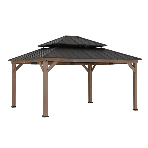 Sunjoy Grand Double-Tier Wooden Gazebo 13x15 - Weathered Cedar