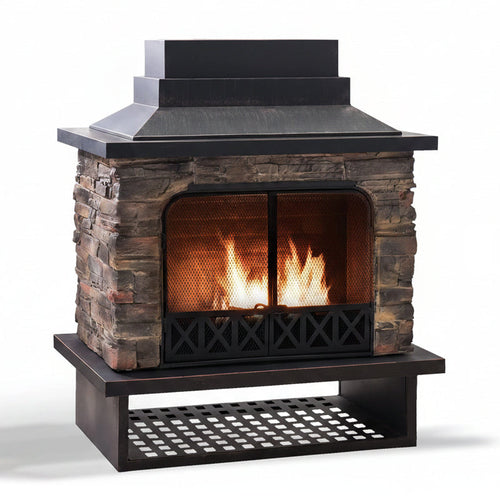 Sunjoy Canyon Stone Wood Burning Fireplace 42" - Matte Black Steel