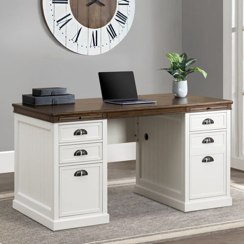 Sunjoy Richland Double Pedestal Desk with Charging Station, Four Drawers and One Cabinet 58''