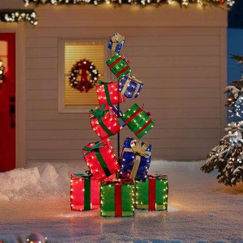 Sunjoy Christmas Lighted Stacked Gift Box with LED Lights 63''