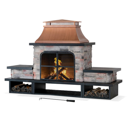 Sunjoy Canyon Stone Wood Burning Fireplace with Log Holders 82" - Antique Copper