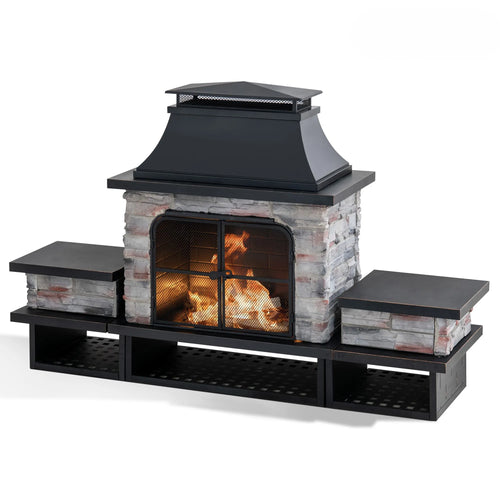 Sunjoy Canyon Stone Wood Burning Fireplace with Log Holders 82" - Black