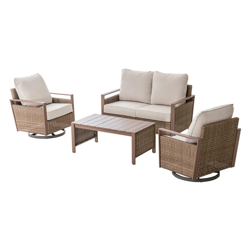 Sunjoy allen + roth Dorsey 4 -Piece Rattan Patio Sofa Conversation Set with Cream Cushions