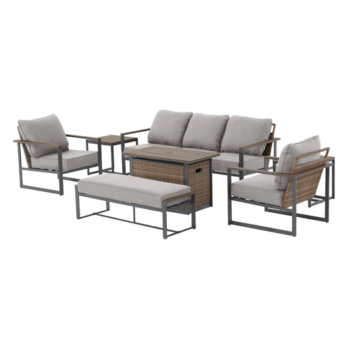 Sunjoy allen + roth Dorsey 7 -Piece Rattan Patio Sofa Conversation Set with Cream Cushions