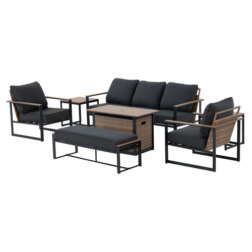 Sunjoy allen + roth Dorsey 7 -Piece Rattan Patio Sofa Conversation Set with Gray Cushions