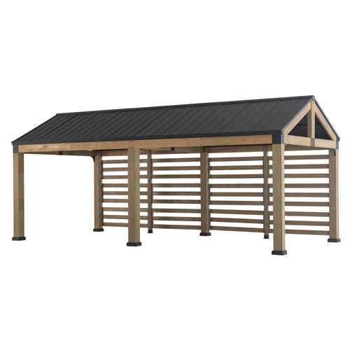 Sunjoy Newville Wood Carport with Privacy Wall and Rain Gutter, 10x22