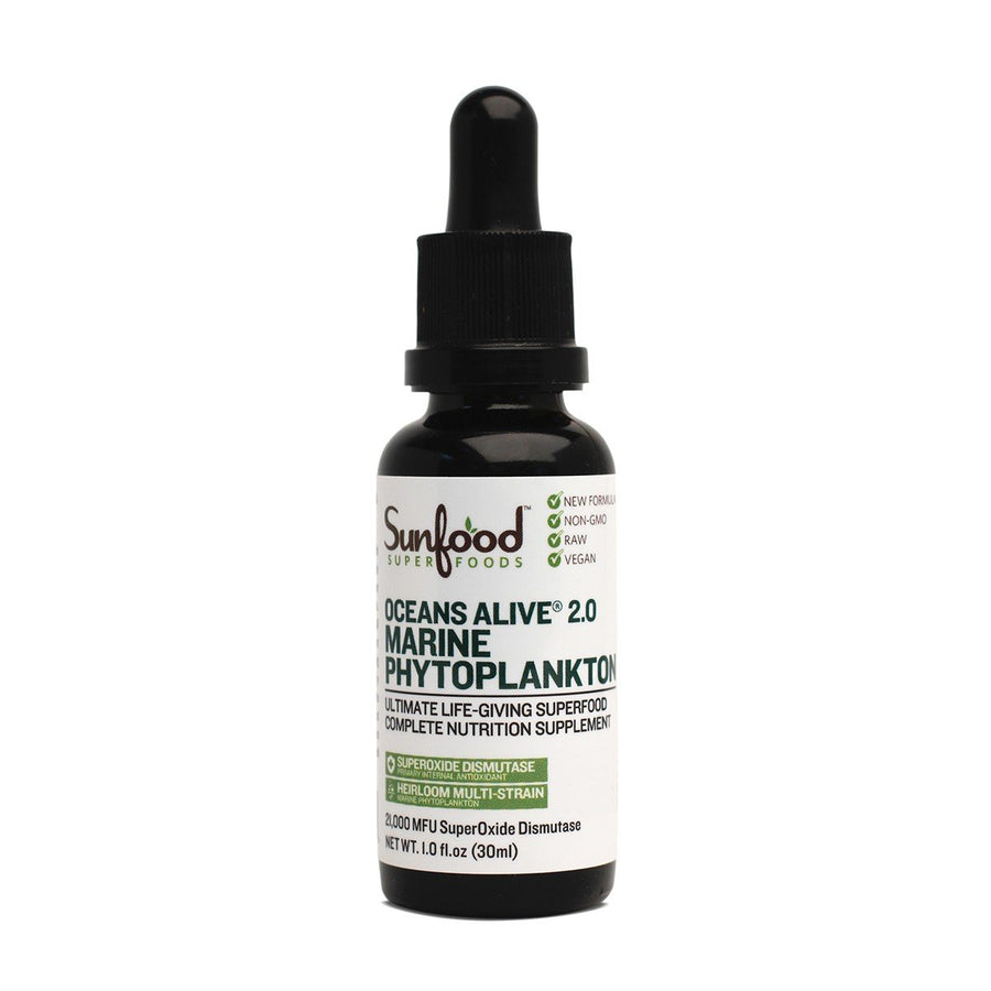 Sunleafy Sunfood Superfoods Oceans Alive Marine Phytoplankton- 2.0 Heirloom Multi-Strain. Raw, Fresh Harvest Stabilized. SOD (SuperOxide Dismutase) For Health on a Cellular Level. 1 oz Glass Bottle, Dropper