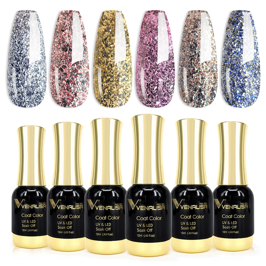 Venalisa Chrome Platinum Glitter Gel 6 Colors Kit TPO Free Hema Free