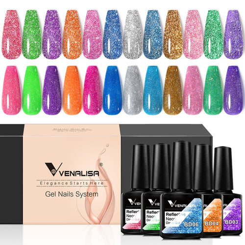 Venalisa Reflective Neon Glitter Gel 12 Colors Set TPO Free Hema Free