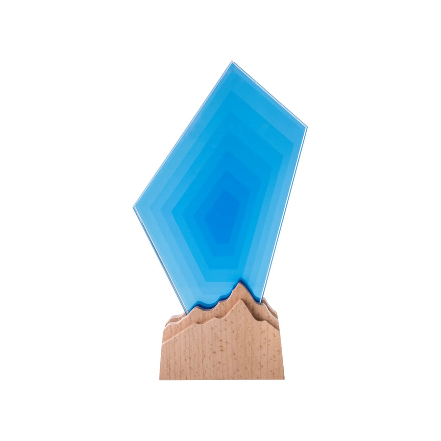 xTool Blue Geometric Crystal Trophy with Mountain-Shaped Beechwood Base