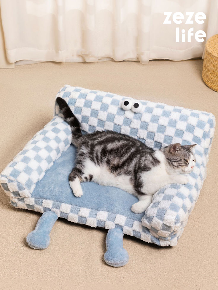 ZezeLife Big-eyed Blue and White Checkered Cat Couch, view 2