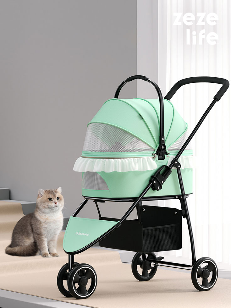 ZezeLife Foldable 3-Color Cat Stroller Pet Carrier With Wheels, view 2