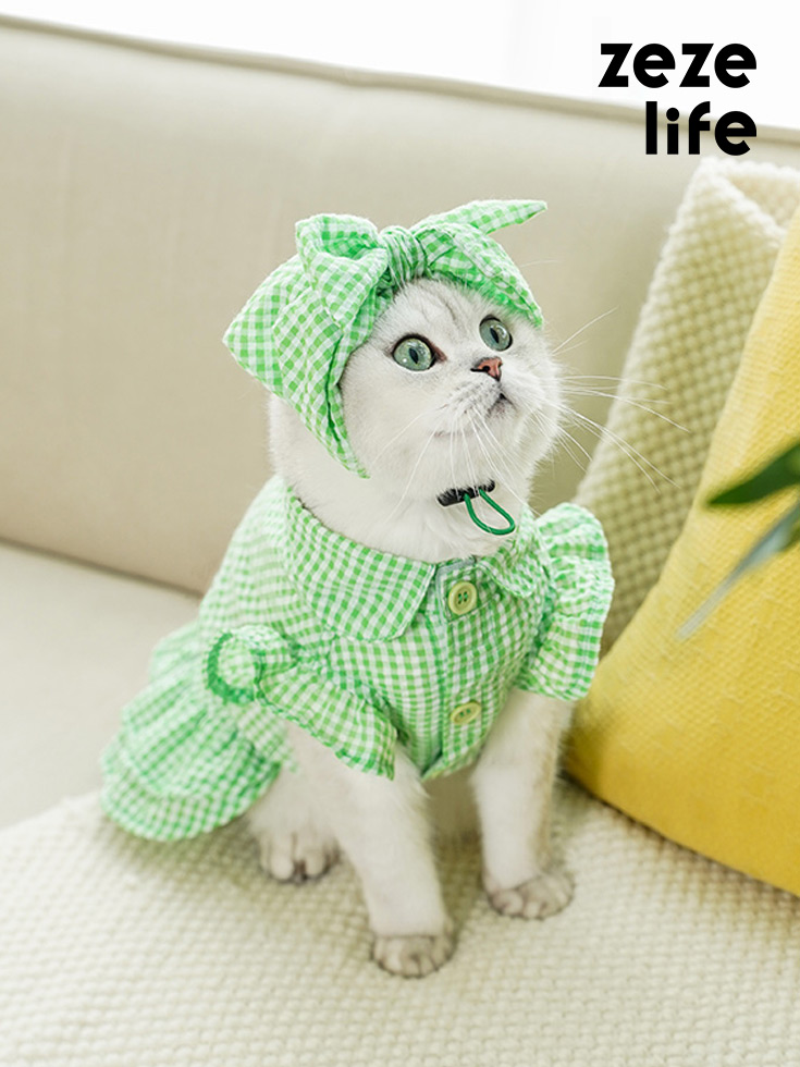 ZezeLife Green Plaid Cat Dress with Headgear