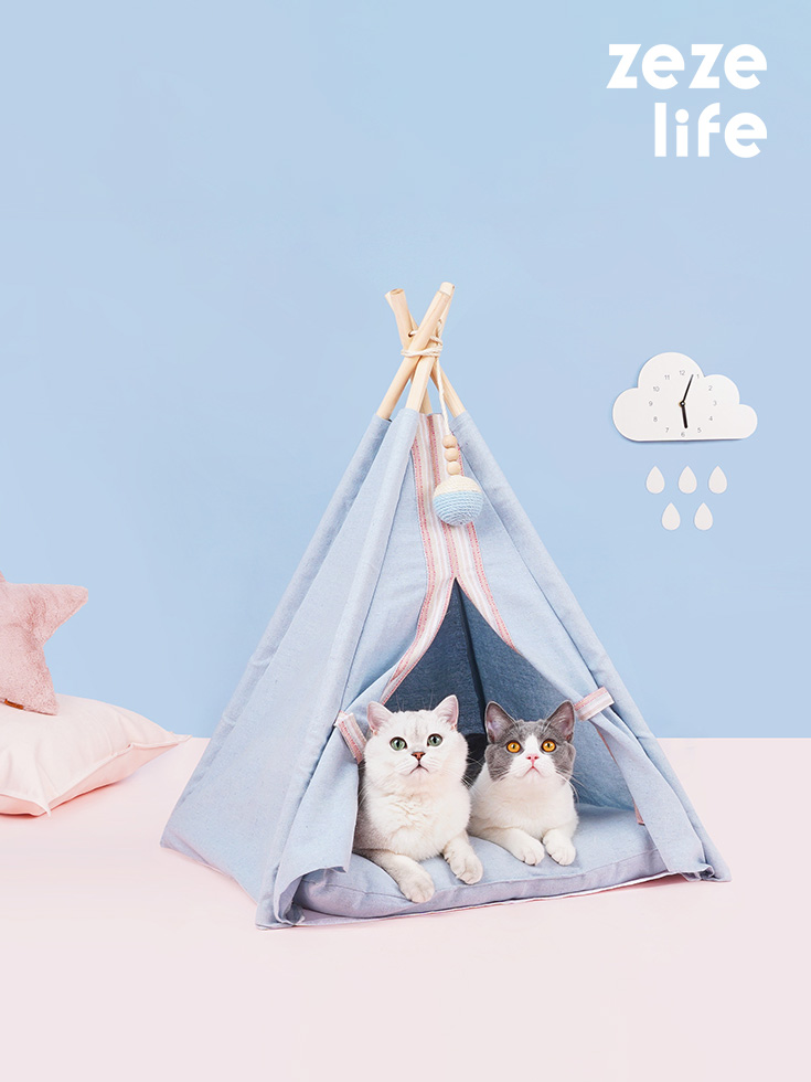ZezeLife Light Blue Cat Teepee Bed