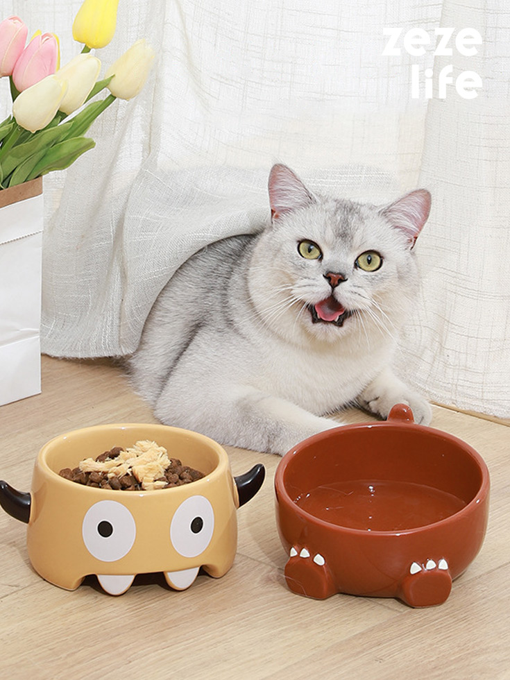 ZezeLife Monster & Dinosaur Ceramic Cat Bowl