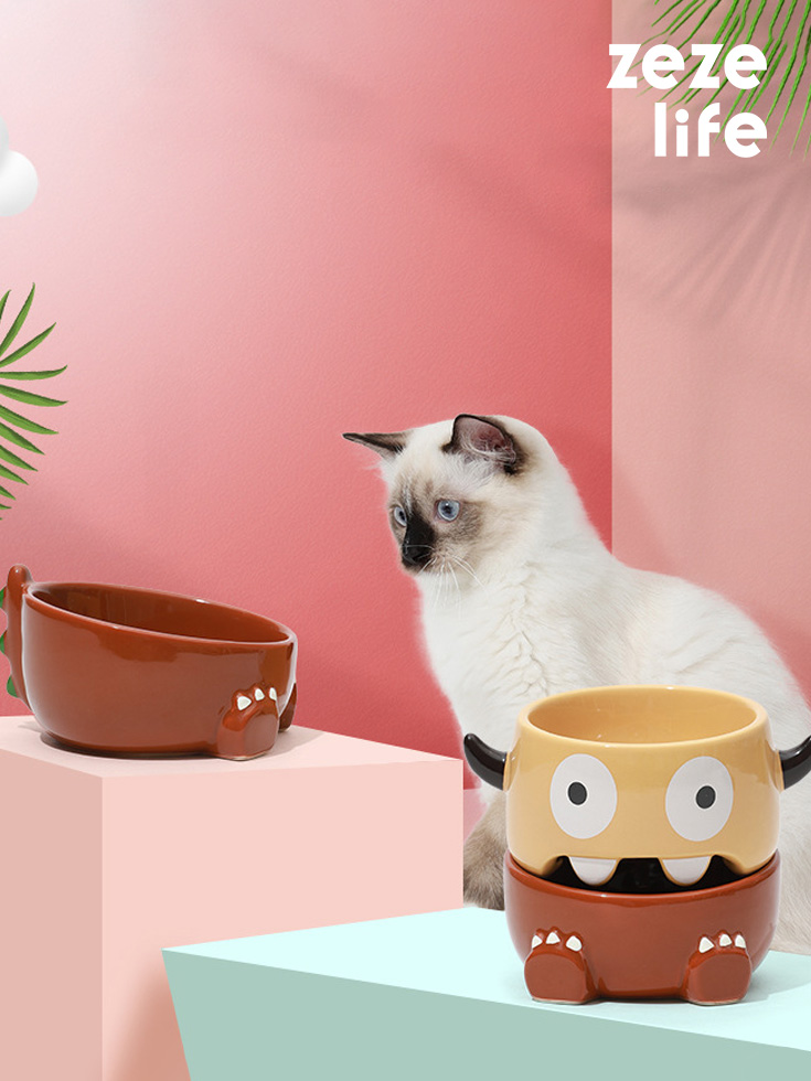 ZezeLife Monster & Dinosaur Ceramic Cat Bowl, view 2