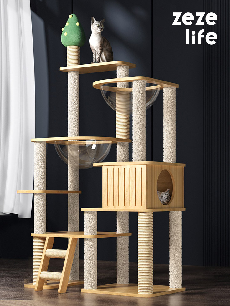 ZezeLife Large Pine & Cherry Wood Cat Tree