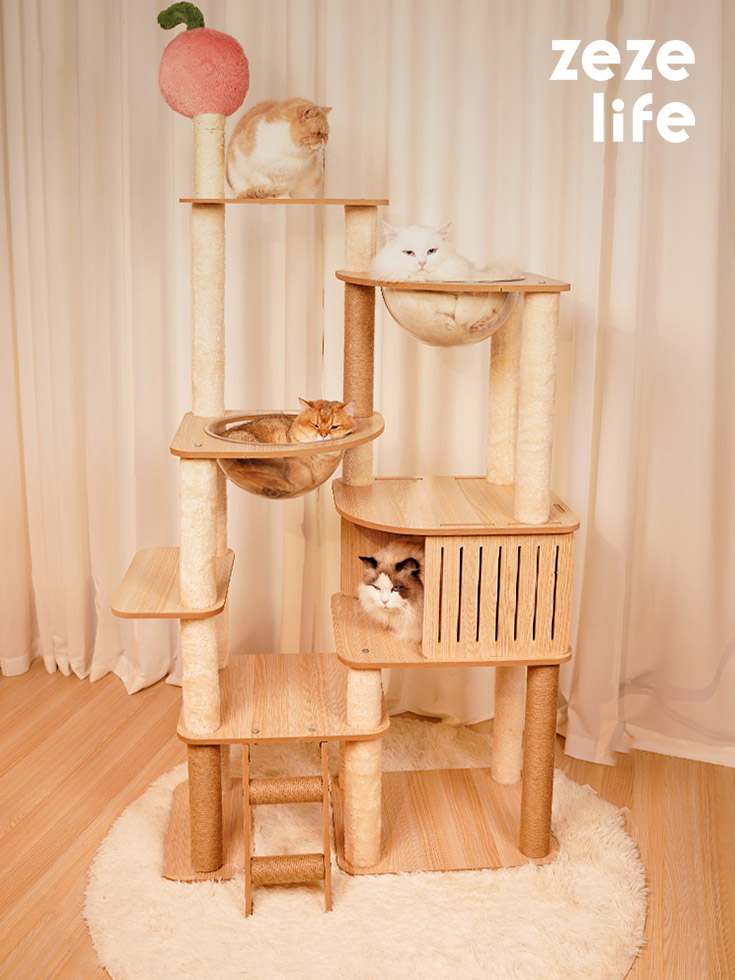 ZezeLife Large Pine & Cherry Wood Cat Tree, view 2