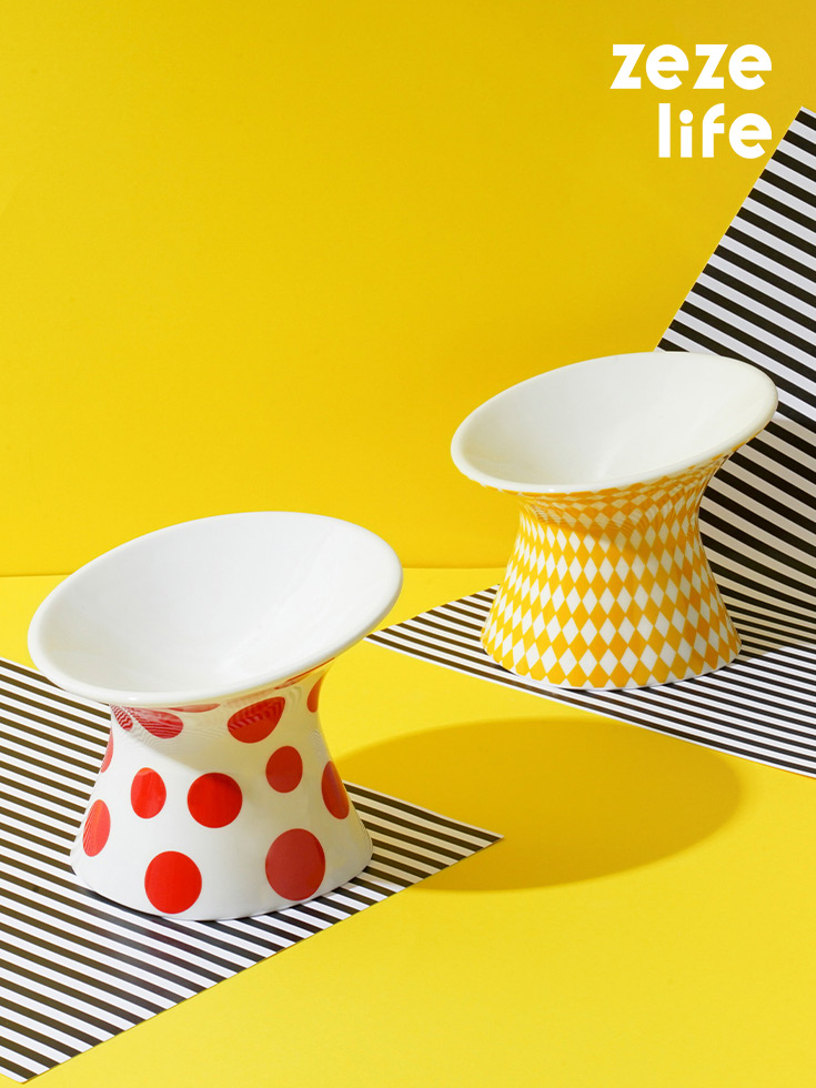 ZezeLife Polka Dot & Rhombus Elevated Cat Bowls