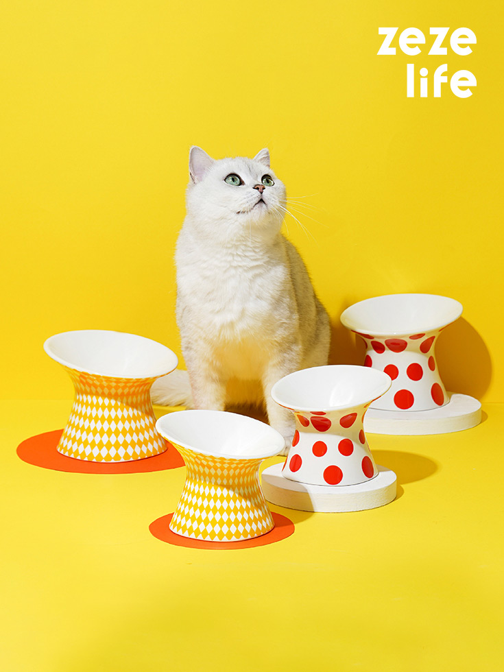 ZezeLife Polka Dot & Rhombus Elevated Cat Bowls, view 2
