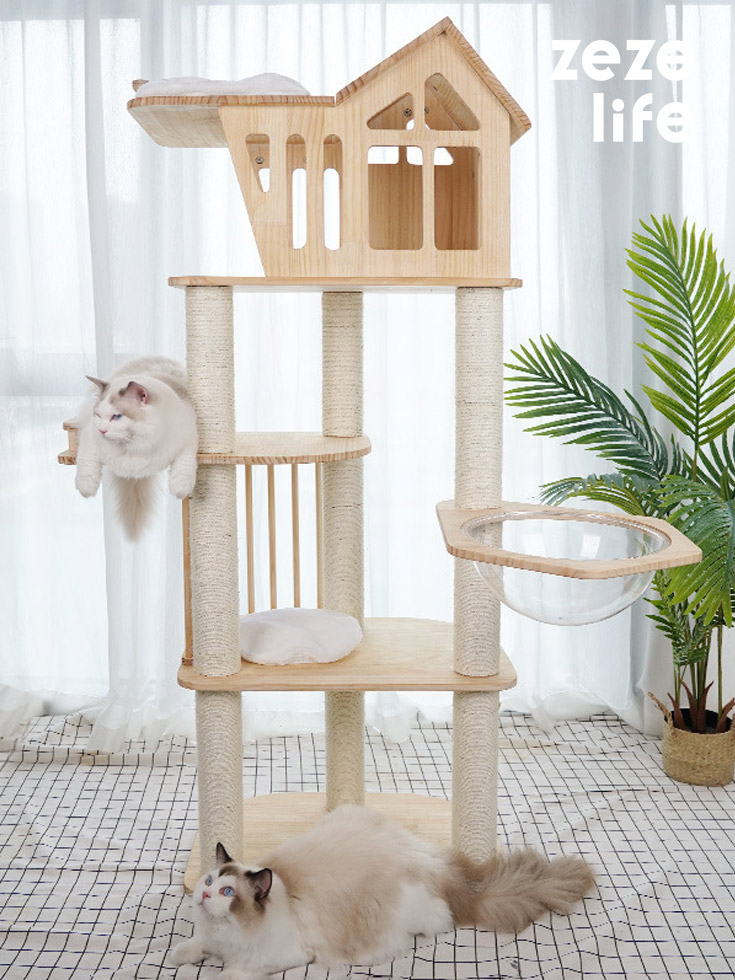 ZezeLife Solid Wood House Wood Cat Tree