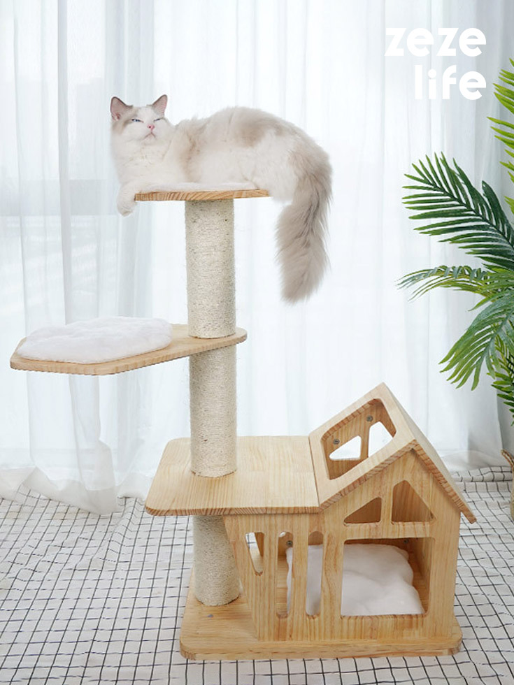 ZezeLife Solid Wood House Wood Cat Tree, view 2