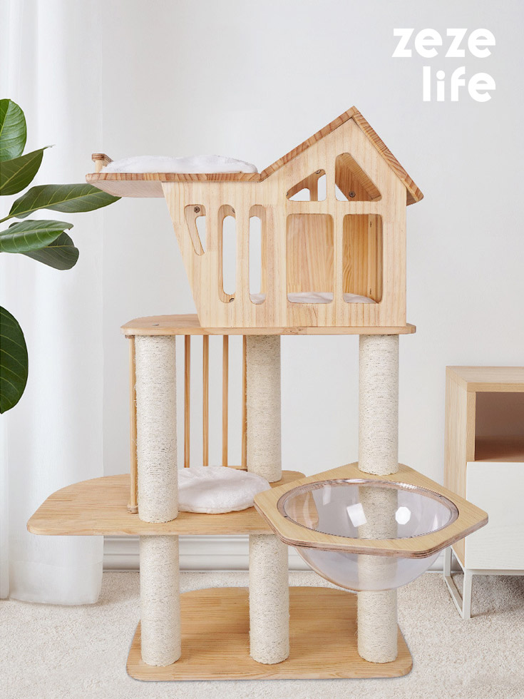 ZezeLife Solid Wood House Wood Cat Tree, view 3